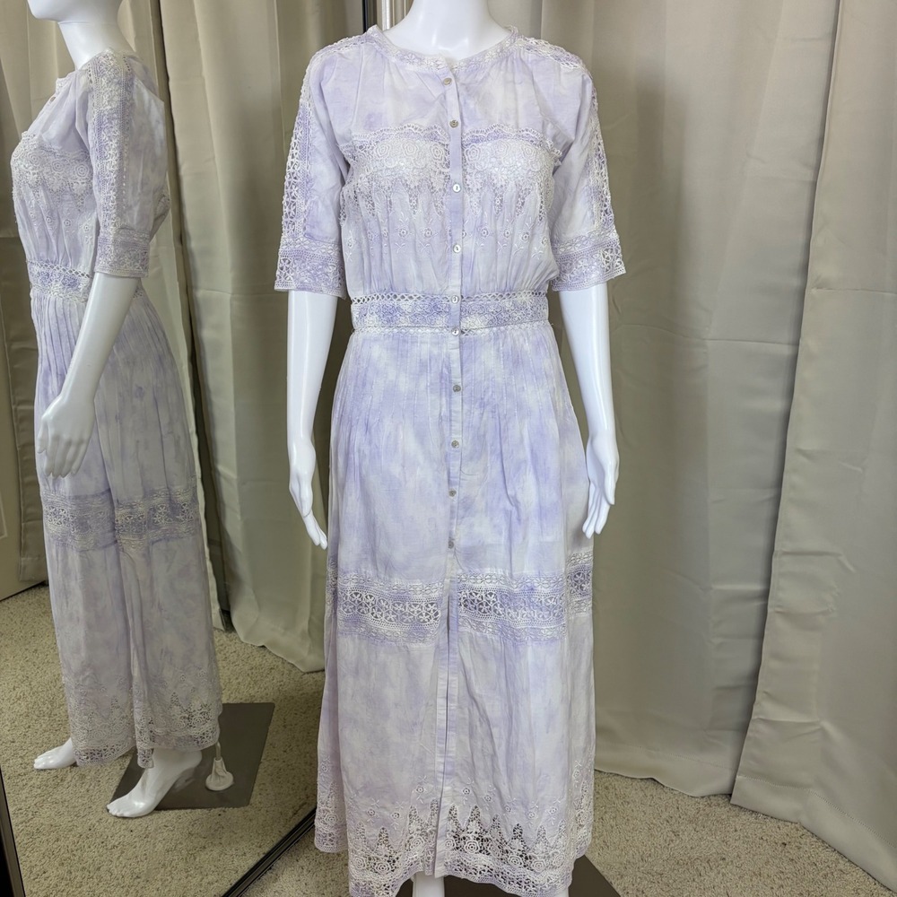 LoveShackFancy Beth Dress Violet Splash Hand Dye Lace Maxi XS LD106-187